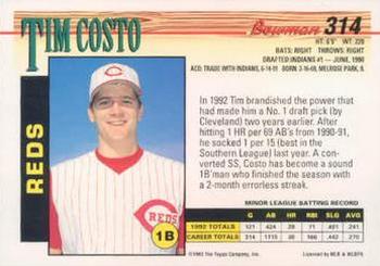 1993 Bowman #314 Tim Costo Back
