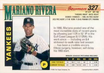1993 Bowman #327 Mariano Rivera Back