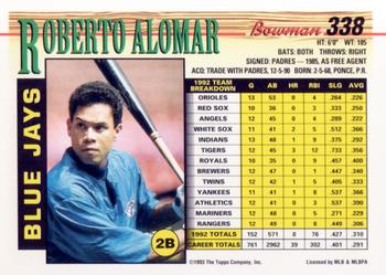 1993 Bowman #338 Roberto Alomar Back