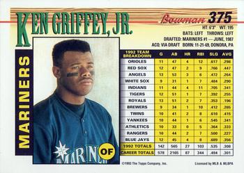 1993 Bowman #375 Ken Griffey Jr. Back
