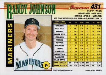 1993 Bowman #431 Randy Johnson Back