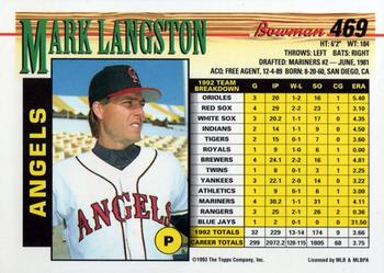 1993 Bowman #469 Mark Langston Back