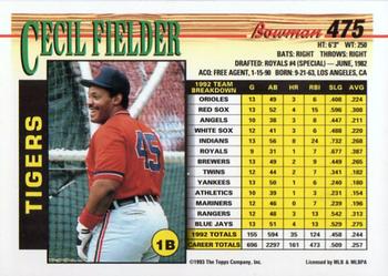 1993 Bowman #475 Cecil Fielder Back