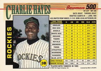 1993 Bowman #500 Charlie Hayes Back
