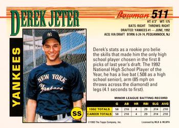 1993 Bowman #511 Derek Jeter Back