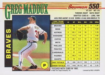 1993 Bowman #550 Greg Maddux Back