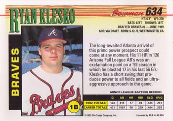 1993 Bowman #634 Ryan Klesko Back