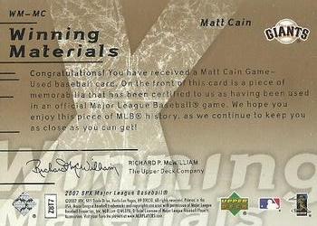 2007 SPx - Winning Materials Patches Gold #WM-MC Matt Cain Back