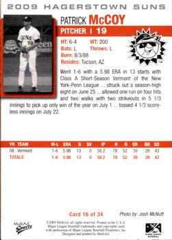 2009 MultiAd Hagerstown Suns #16 Patrick McCoy Back