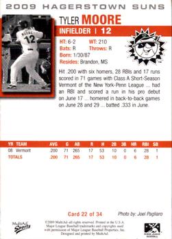 2009 MultiAd Hagerstown Suns #22 Tyler Moore Back