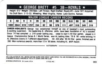 1981 Perma-Graphics Superstar Credit Cards #003 George Brett Back