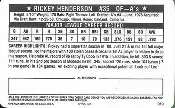 1981 Perma-Graphics Superstar Credit Cards #019 Rickey Henderson Back
