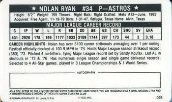 1981 Perma-Graphics Superstar Credit Cards #026 Nolan Ryan Back