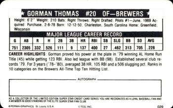 1981 Perma-Graphics Superstar Credit Cards #029 Gorman Thomas Back