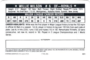 1981 Perma-Graphics Superstar Credit Cards #031 Willie Wilson Back