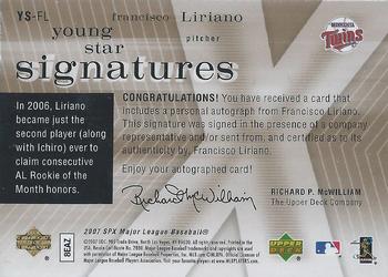 2007 SPx - Young Stars Signatures #YS-FL Francisco Liriano Back