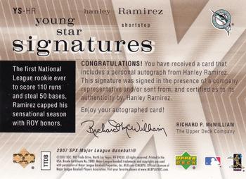 2007 SPx - Young Stars Signatures #YS-HR Hanley Ramirez Back