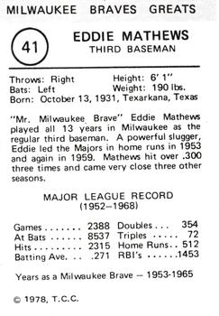 1978 TCC Milwaukee Braves Greats #NNO Eddie Mathews Back
