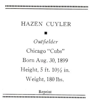 1933 Tattoo Orbit (R305) (reprint) #NNO Hazen Cuyler Back