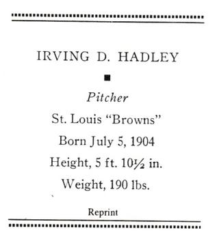 1933 Tattoo Orbit (R305) (reprint) #NNO Irving D. Hadley Back