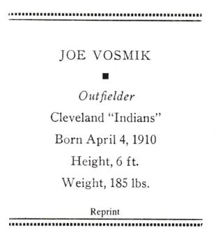 1933 Tattoo Orbit (R305) (reprint) #NNO Joe Vosmik Back