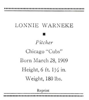 1933 Tattoo Orbit (R305) (reprint) #NNO Lonnie Warneke Back