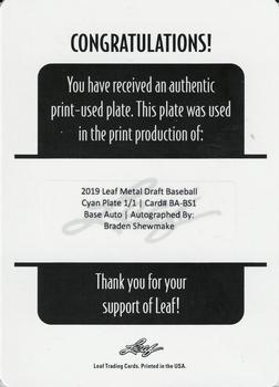 2019 Leaf Metal Draft - Base Autographs Printing Plates Cyan #BA-BS1 Braden Shewmake Back