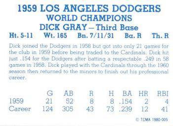 1980 TCMA 1959 Los Angeles Dodgers Blue #005 Dick Gray Back