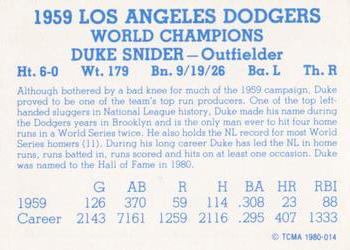 1980 TCMA 1959 Los Angeles Dodgers Blue #014 Duke Snider Back