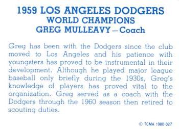 1980 TCMA 1959 Los Angeles Dodgers Blue #027 Greg Mulleavy Back