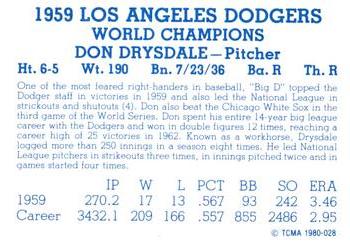 1980 TCMA 1959 Los Angeles Dodgers Blue #028 Don Drysdale Back