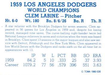 1980 TCMA 1959 Los Angeles Dodgers Blue #036 Clem Labine Back