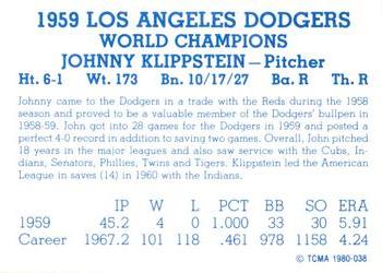 1980 TCMA 1959 Los Angeles Dodgers Blue #038 Johnny Klippstein Back