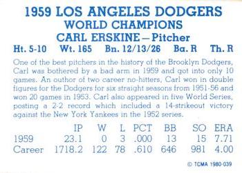 1980 TCMA 1959 Los Angeles Dodgers Blue #039 Carl Erskine Back