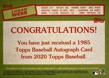 2020 Topps - 1985 Topps Baseball 35th Anniversary Autographs #85A-LW Logan Webb Back