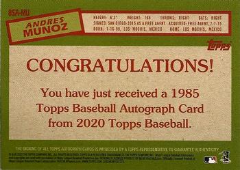 2020 Topps - 1985 Topps Baseball 35th Anniversary Autographs #85A-MU Andres Munoz Back
