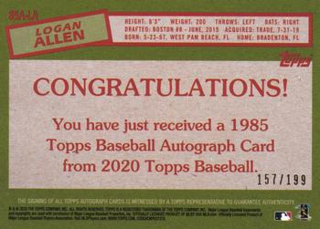 2020 Topps - 1985 Topps Baseball 35th Anniversary Autographs Black #85A-LA Logan Allen Back