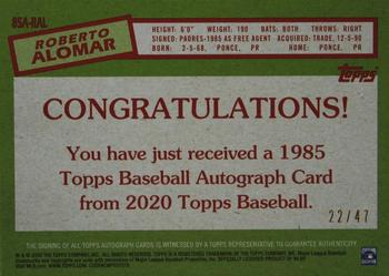 2020 Topps - 1985 Topps Baseball 35th Anniversary Autographs Gold #85A-RAL Roberto Alomar Back