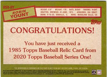 2020 Topps - 1985 Topps Baseball 35th Anniversary Relics Black (Series One) #85R-RY Robin Yount Back