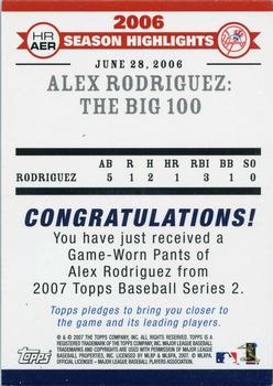 2007 Topps - Highlights Relics #HRAER Alex Rodriguez Back