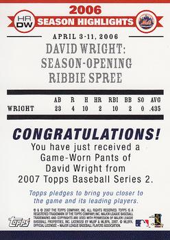 2007 Topps - Highlights Relics #HRDW David Wright Back