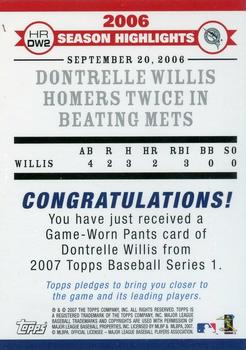 2007 Topps - Highlights Relics #HRDW2 Dontrelle Willis Back