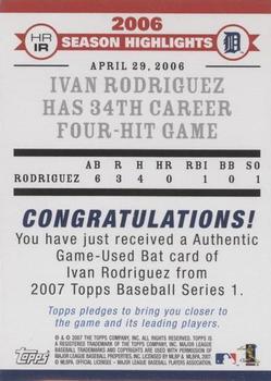 2007 Topps - Highlights Relics #HRIR Ivan Rodriguez Back