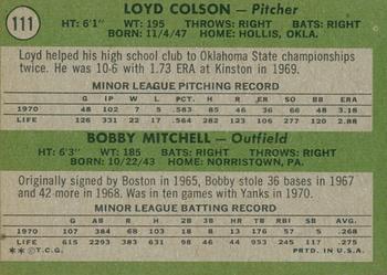 2020 Topps Heritage - 50th Anniversary Buybacks #111 Yankees 1971 Rookie Stars (Loyd Colson / Bobby Mitchell) Back
