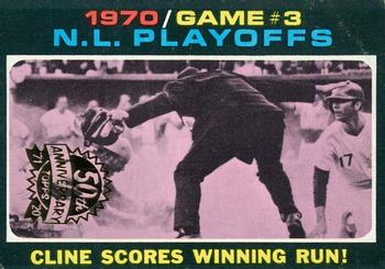 2020 Topps Heritage - 50th Anniversary Buybacks #201 1970 N.L. Playoffs Game #3-Cline Scores Winning Run! Front