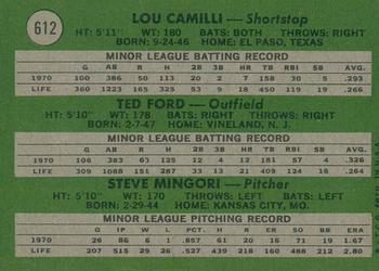 2020 Topps Heritage - 50th Anniversary Buybacks #612 Indians 1971 Rookie Stars (Lou Camilli / Ted Ford / Steve Mingori) Back