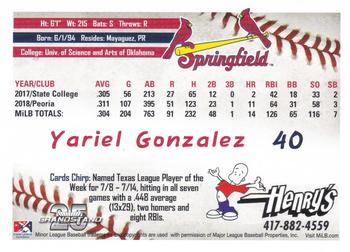 2019 Grandstand Springfield Cardinals SGA #NNO Yariel Gonzalez Back