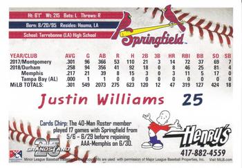 2019 Grandstand Springfield Cardinals SGA #NNO Justin Williams Back