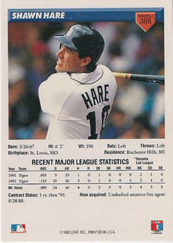 1993 Donruss #305 Shawn Hare Back