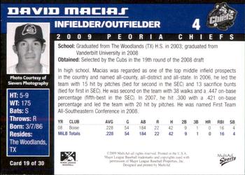 2009 MultiAd Peoria Chiefs #19 David Macias Back